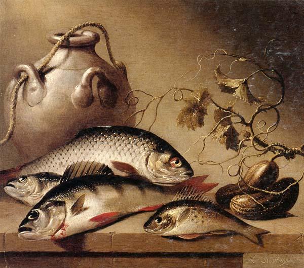 Harmen van Steenwyck Still life of freshwater fish,together with an earthenware pot and ghrkins,upon a stone ledge oil painting image